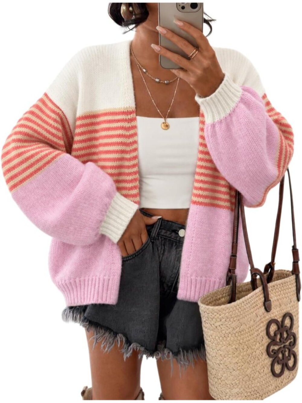 Womens Pink Stripe Long Sleeve Chunky Knit Oversized Open Front Cardigan Sweater